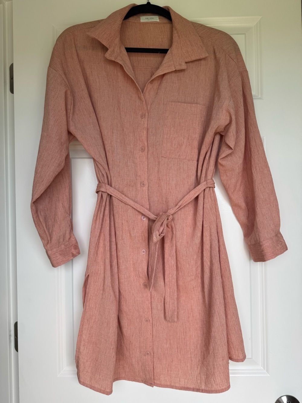 Blush Pink Long-Sleeve Button Shirt Dress with Waist Tie